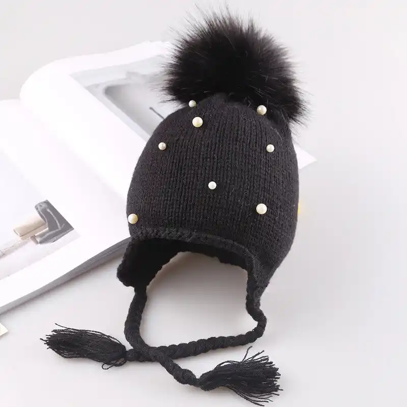 Kid Caps Crochet Winter Warm Knit Hats Baby Girls Beading Hair Ball Earbud Hat