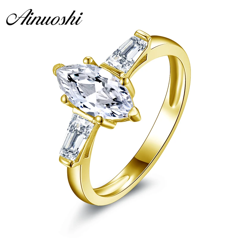 

AINUOSHI 10k Solid Yellow Gold Ring SONA Simulated Diamond 3 Stones Band 1 ct Marquise Cut Female Joaillerie Women Wedding Ring