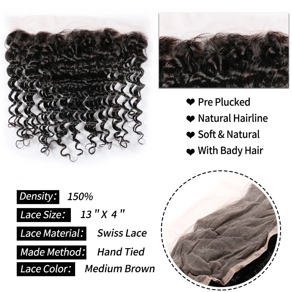 ALIMICE Hair Brazilian Deep Wave Human Hair 3 Bundles With Ear to Ear Frontal Closure 13x4 Lace Frontal Closure With Bundles  (1)