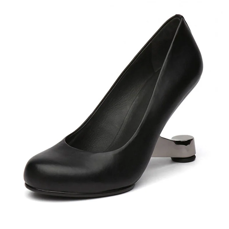 WETKISS/женские туфли-лодочки из коровьей кожи; обувь без застежки с круглым носком; Необычные Модные женские туфли на высоком каблуке в необычном стиле; Новинка года - Цвет: Черный