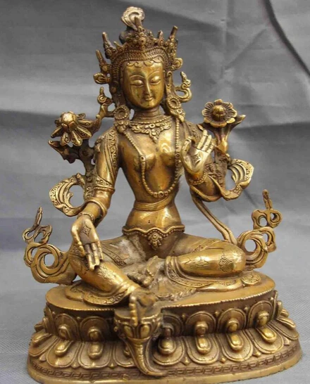 

xd 001713 Chinese Folk temple Copper Bronze Green Tara GuanYin Kwan-yin Bodhisattva Statue