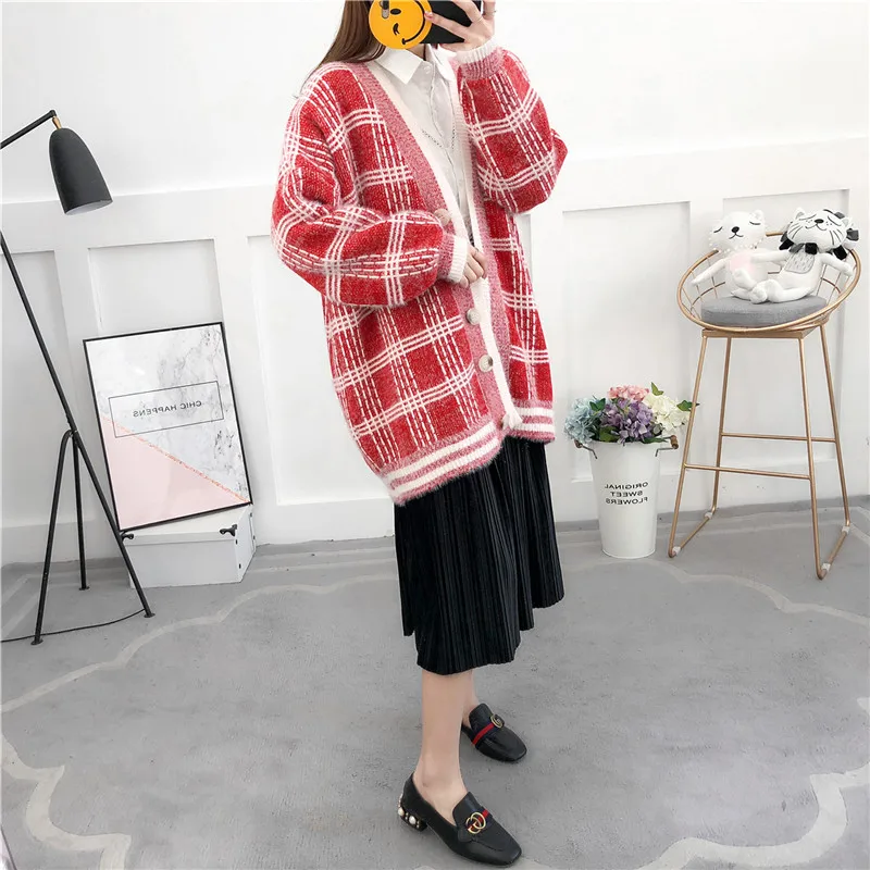 New Autumn Winter Women Sweater Casual Loose Knitted Outerwear Long sleeves Plaid Cardigan For Lady Office Casual V Neck