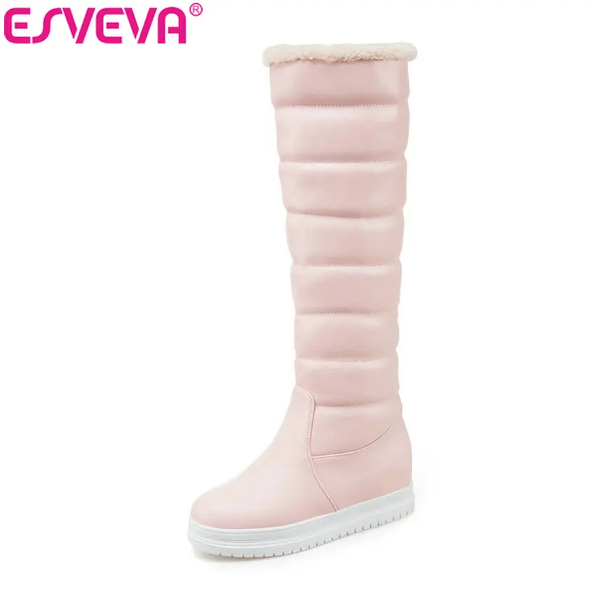 

ESVEVA 2018 Women Boots Sweet Style Short Plush Round Toe Knee-high Boots High Heels Height Increasing Ladies Shoes Size 34-43