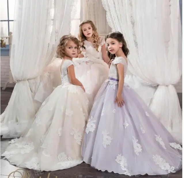 

Girls Wedding Formal Dresses 2018 sleeveless Gauze Tailing Flowers Girls Princess Dress Kids Birthday Party Prom Dress Purple