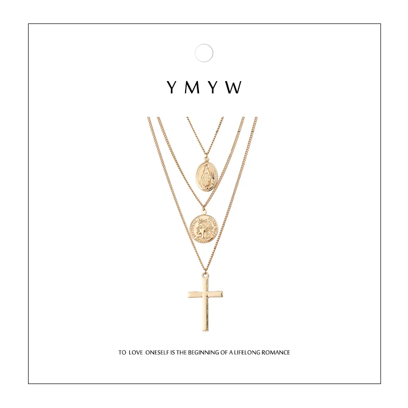

YMYW Fashion Multilayer Cross Virgin Mary Pendant Long Chain Christian Neckalces Goddess Zinc Alloy Gold Charms Collier Femme