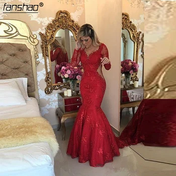 

Red Prom Dresses Lace Pearls Mermaid V neck Long Sleeves Party Maxys Long Prom Gown Evening Dresses Robe De Soiree-in Prom