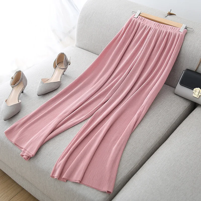 

2019 new summer wide leg pants female fine pleated pants high waist nine points large size chiffon wide leg pants women