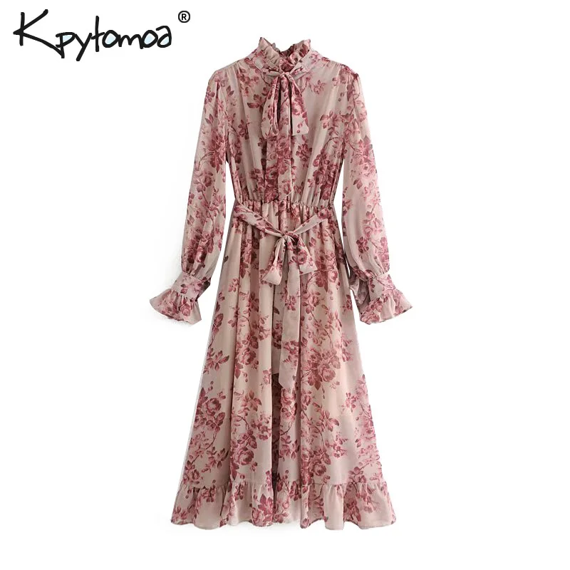 

Vintage Floral Print Sashes Ruffled Pleated Dress Women 2020 Fashion Bow Tie Collar Long Sleeve Dresses Casual Vestidos Mujer