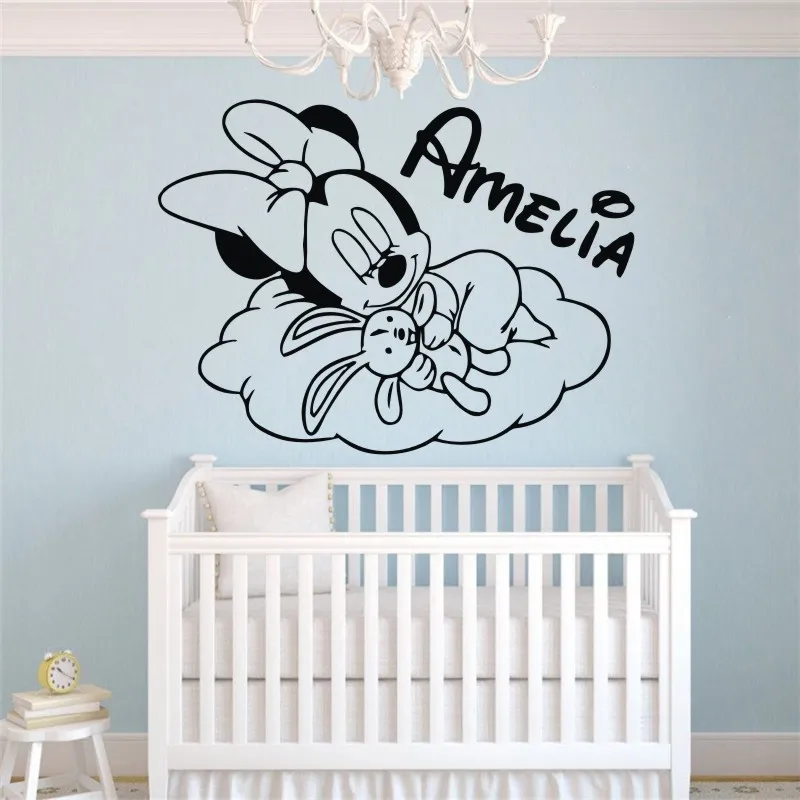 

Custom Girl Name Wall Decal Minnie Mouse Vinyl Wall Stickers For Kids Room Decoration Cute Cloud Art Nursery Bedroom Decor KD011