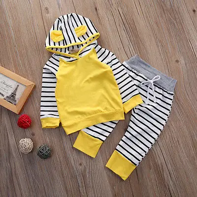 

2pcs suit !! Baby Girl Boy Hooded T-shirt +striped Trousers autumn winter Outfits Set Costume