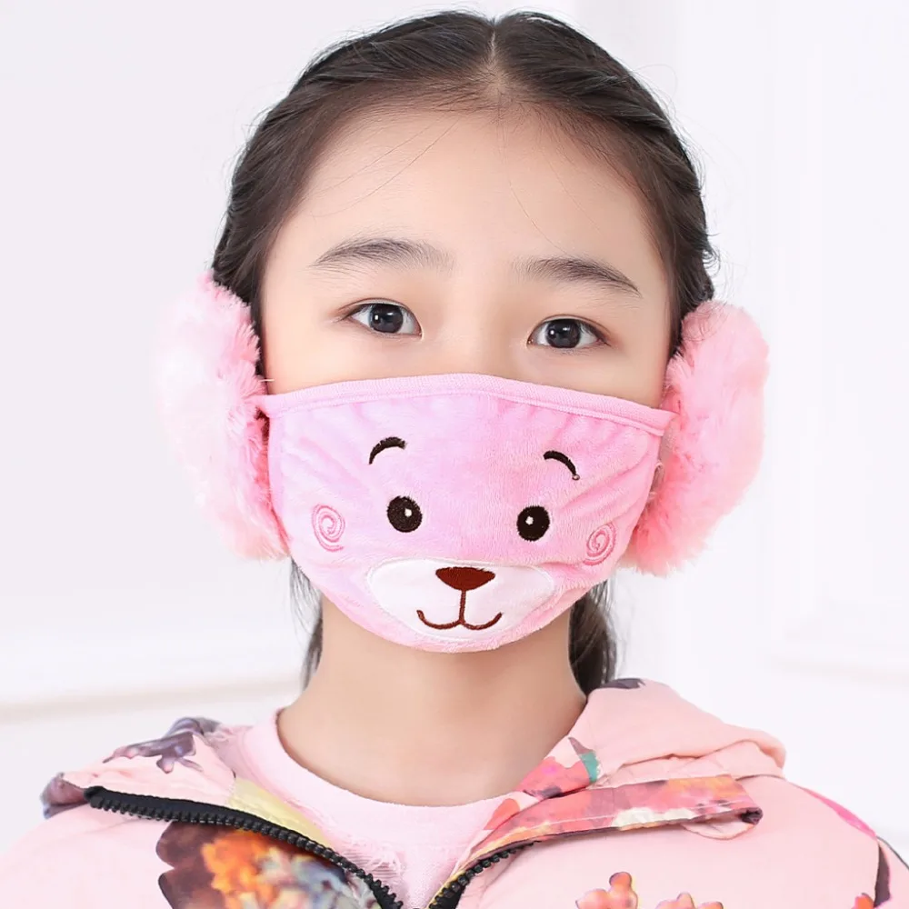 Winter Plush Mouth-Masks For Children Earloop Face-Mouth Mask Warm And Dustproof Pink Cartoon Bear Pattern (7)