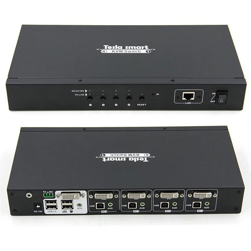 DHL Бесплатная Тесла smart DVI KVM Switch 4 Порты и разъёмы с IP Управление USB2.0 аудио 3840*2160 (4 K * 2 K) имеет 2 предмета уши стойки Стандартный 1U высота