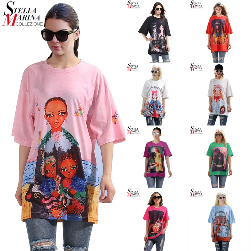 New 2018 Women Pink Color Tee Top Big Size Loose T-Shirt Half Sleeve Cartoon Printed Girls Casual Street Wear T Shirt Style 3338 | Женская