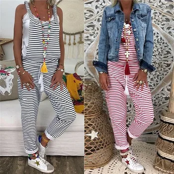 

Summer Outfits Women Dungarees Harem Strap Long Pant Jumpsuits Loose Backless Jumpsuit Baggy Striped Print Trousers Overalls