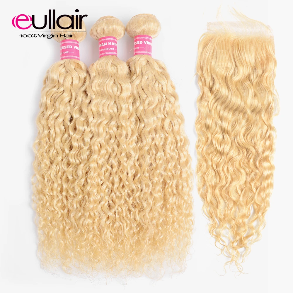 Blonde Bundles with Closure Malaysian Water Wave Human Hair Weave with