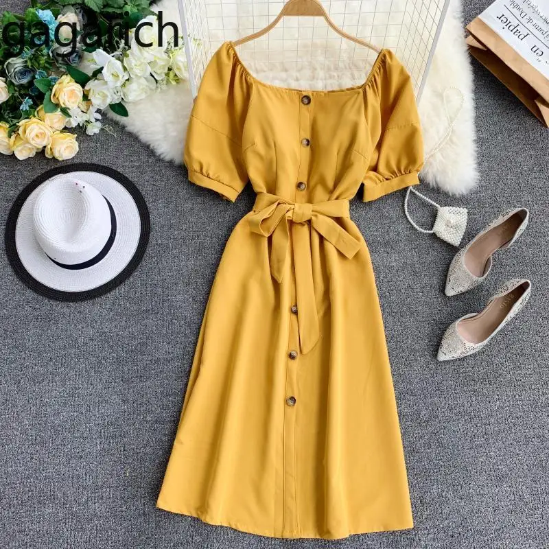 

Gagarich 2019 Retro Solid Slash Neck Bubble Short Sleeves Single-row Design High Waist Fastening Belt Medium Long Dress Vestidos