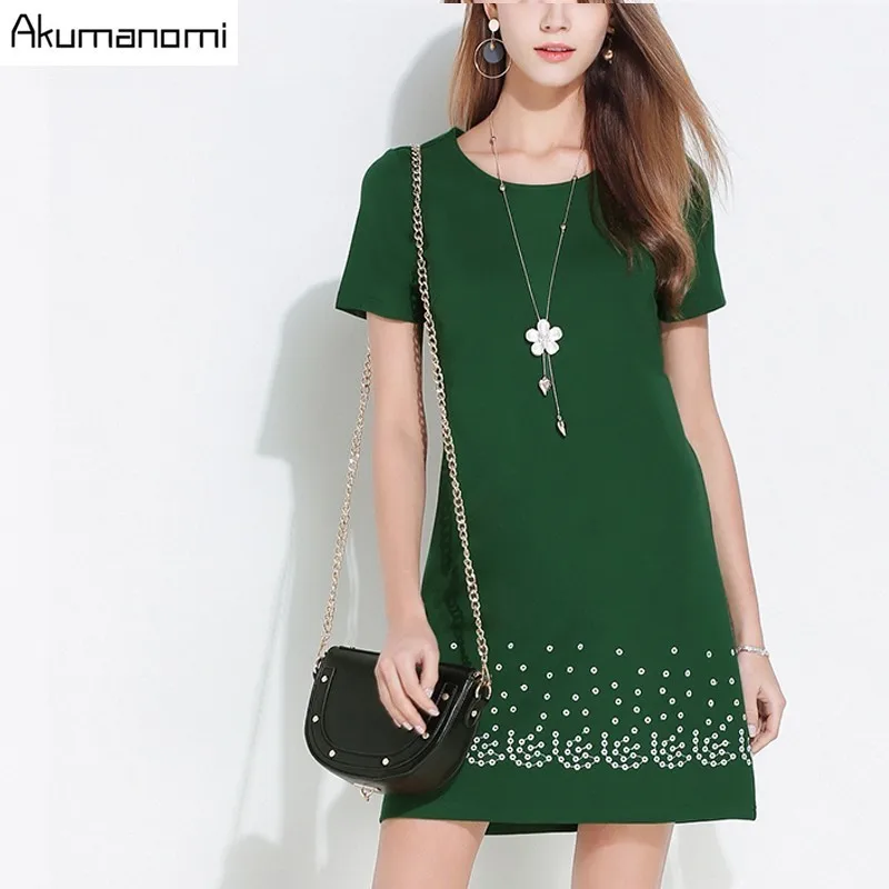 

Dress Round Collar Loose Short Sleeves Solid Dark Green Black Embroidered Summer Dress Plus Size 5XL 4XL XXXL XXL XL L M