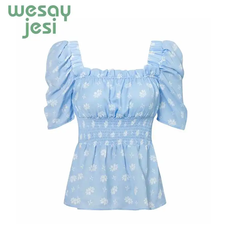 

Summer women's shirt Blue Square Neck Top casual flower print ruffled decorative elastic band design shirts 2019
