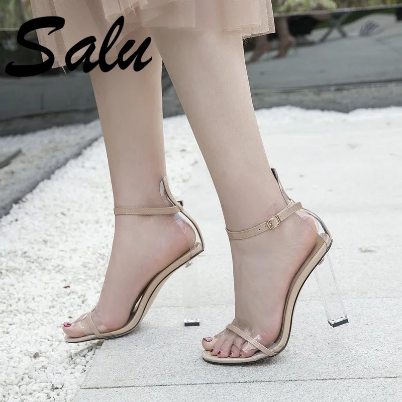 

Salu Brand Wedding Women 's Sandals Quality Genuine Leather Fashion Buckle Ladies Shoes 9.5cm High Striped Heel Sandals