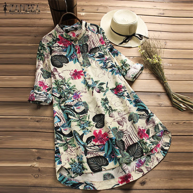

2019 ZANZEA Summer Blouse Women Floral Long Sleeve Mandarin Collar Pockets Blusas Plus Size Casual Shirt Mini Vestido Work Tops