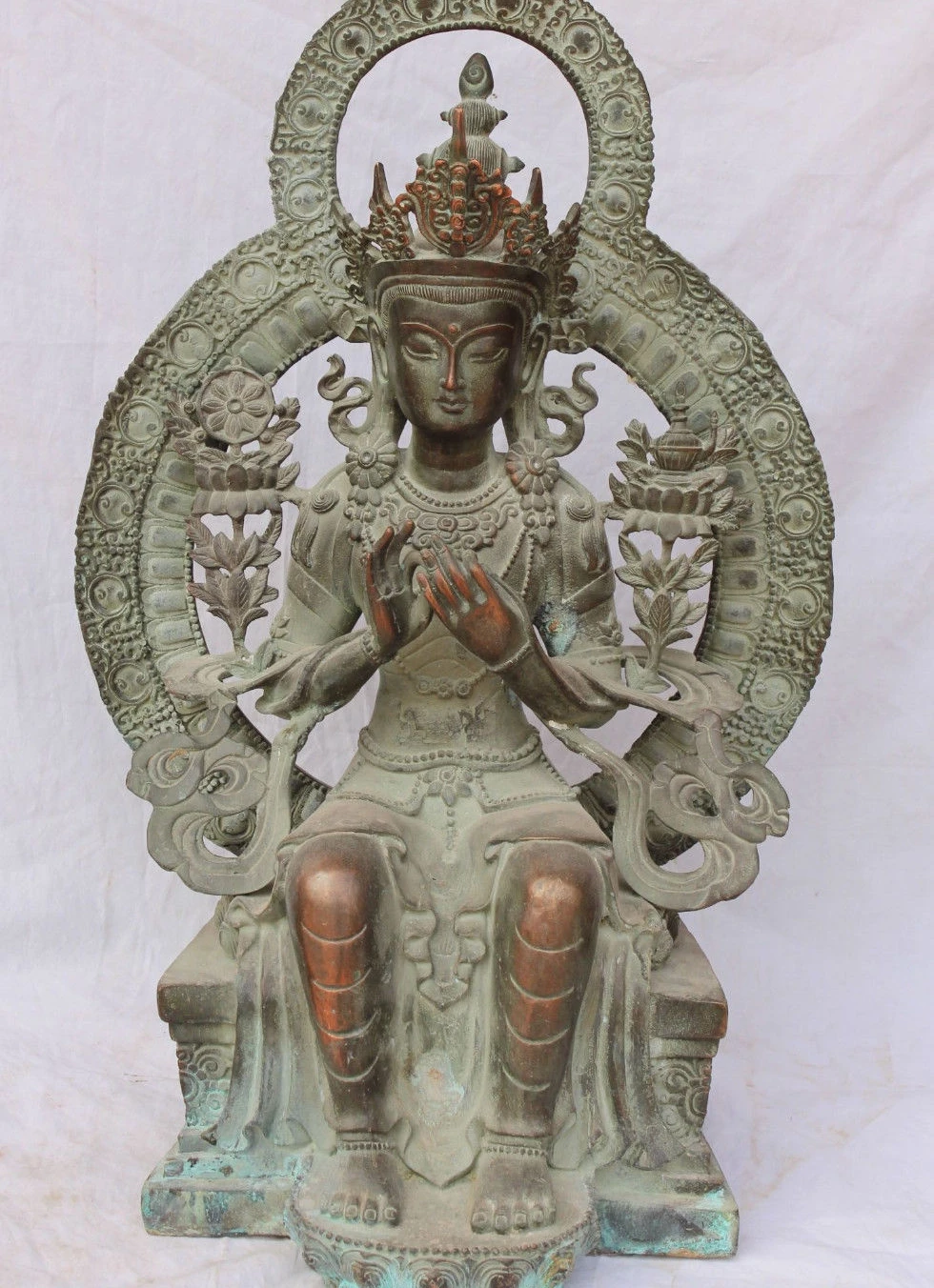 

20" Old Buddhism Bronze Maitreya Buddha Lotus Base Kwan-yin Guan yin Statue