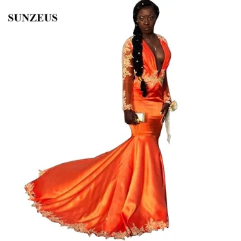 

African Women Mermaid Prom Dresses With Long Sleeves Deep V-neck Orange Formal Dress With Appliques Party Gowns Long
