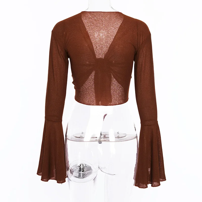 Криптографическая модная коричневая блузка с v-образным вырезом, рубашка с бантом, сексуальный укороченный топ, короткие Блузы, Осенний укороченный топ, женские блузки, одежда