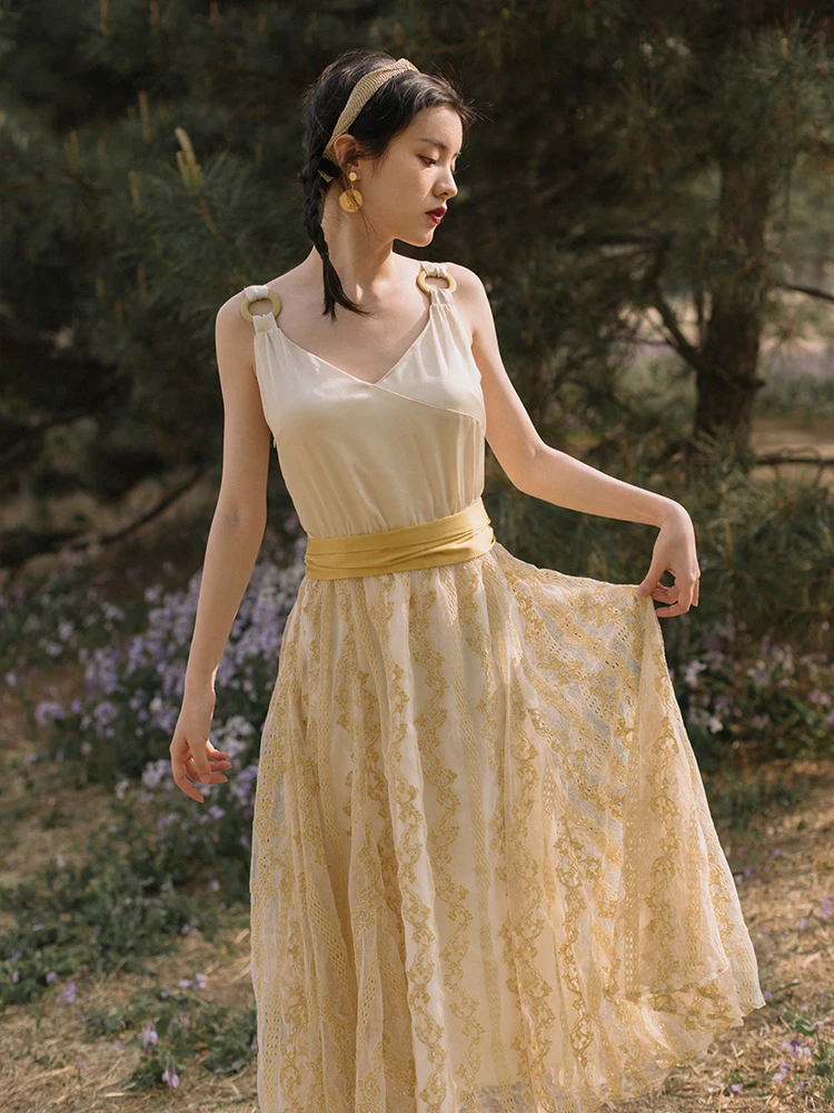 

2019 new fashion women's dresses French Vintage High Waist Strap Dress Summer