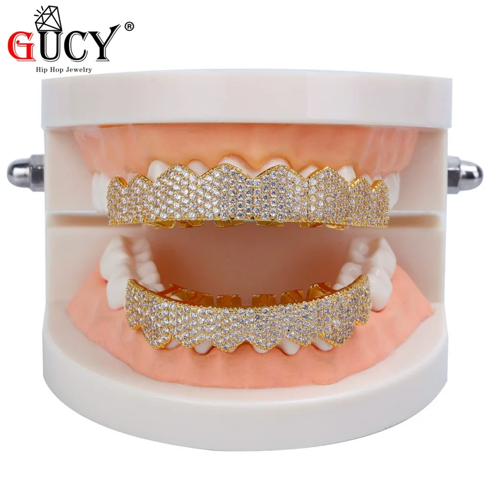 GUCY Custom Fit цвета: золотистый, серебристый все льдом хип-хоп ЗУБЫ Grillz микро Pave кубический циркон восемь верхних и нижних зубов грили набор