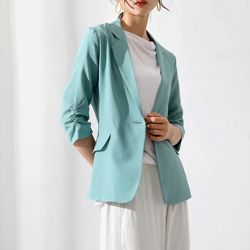 

2019 Summer Luxurious Heavy silk Small suit coat Office Lady One button Thin Blazer feminino OL Temperament High quality coats