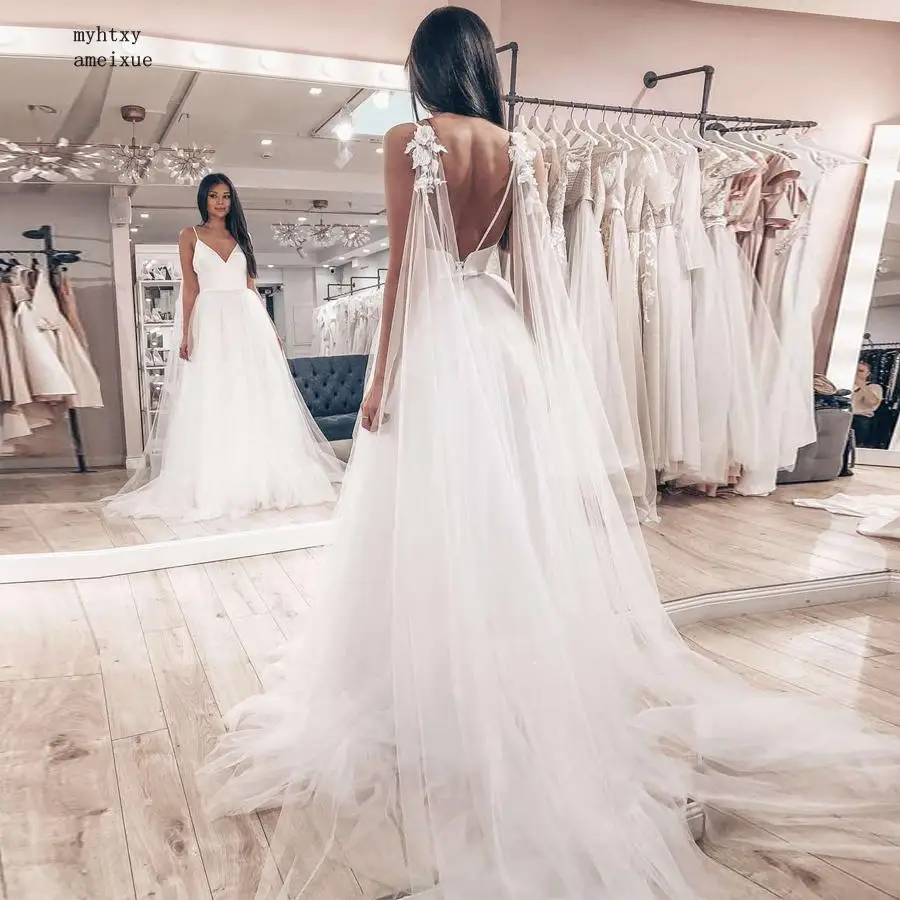 Sexy Spaghetti Straps Tulle Skirt Top Satin Vestido De Novia Sleeveless V neck Boho Backless 2020 Wedding Dress Bride Dress