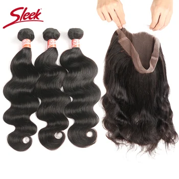 

Sleek Brazilian Body Wave Human Hair Bundles With 360 Lace Frontal Human Hair 3 Bundles With Frontal Remy Hair Extension