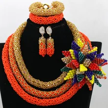 Эксклюзивный Коралловый/Золотой Индийский Свадебные африканские Бусины комплект ювелирных изделий большой цветок брошь свадебные Цепочки и ожерелья комплект wa668