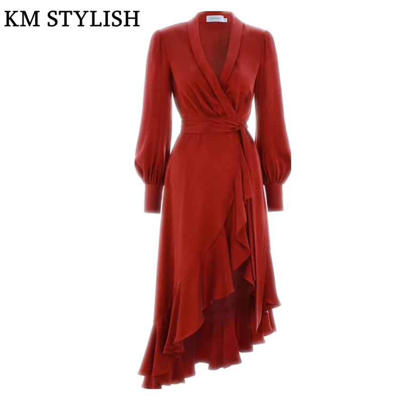 

Australia ZIM Ladies 2019 Autumn New V-neck Puff Sleeve Waist Belt Medium Long Irregular Dress Female Metal Satin 4 COLORS