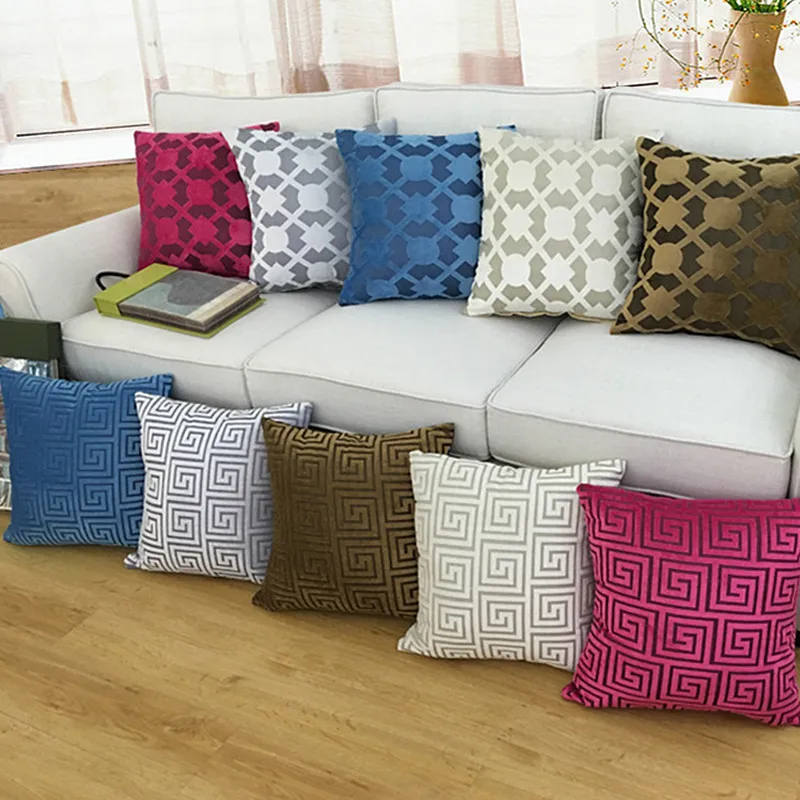 

Drop Ship Chenille Flocking Cushion Cover Grey Red Geometric Home Decorative Pillow Cover Decorative Pillow Case