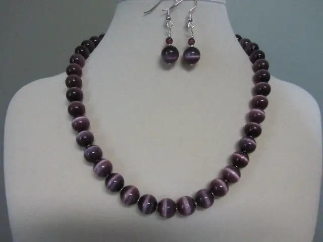 

Hot sell Noble- 10MM "Purple Passion" Cat Eye Necklace and Earrings 18" AAA