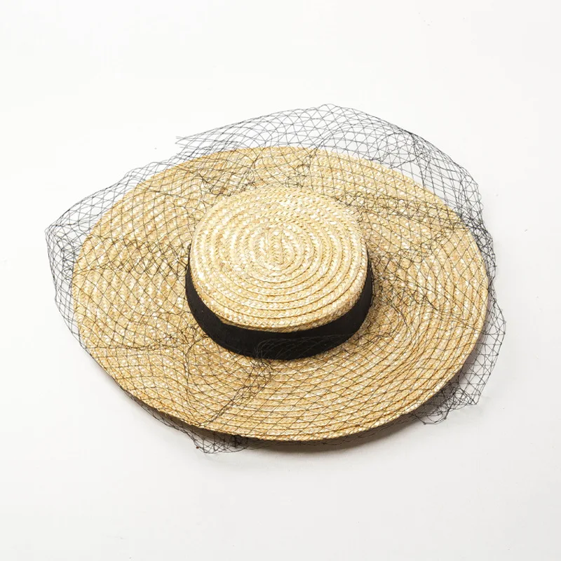 Women Shallow Flat Top Straw Hat with Black Mesh Head cover Female Summer Spring Fashion Retro Large Brim Fedoras