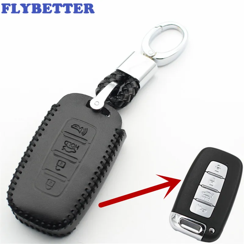 

FLYBETTER Genuine Leather KeyChain 4Button Smart Key Case Cover For Hyundai Accent/Elantra/IX35/Genesis/Coupe Car Styling L215
