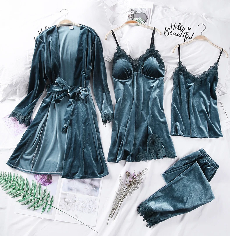 4PCS Nightdress Women Sleepwear Pajama Sets Gold Velvet Pyjama Femme Warm Winter Nightgown Home Night Dress M L XL Nightwear   3