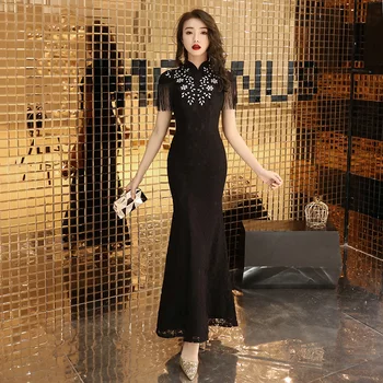 

Add Rhinestone Lady Satin Qipao Maxi Evening Dress Plus Size 3XL Mandarin Collar Cheongsam Tassel Elegant Exquisite Vestidos