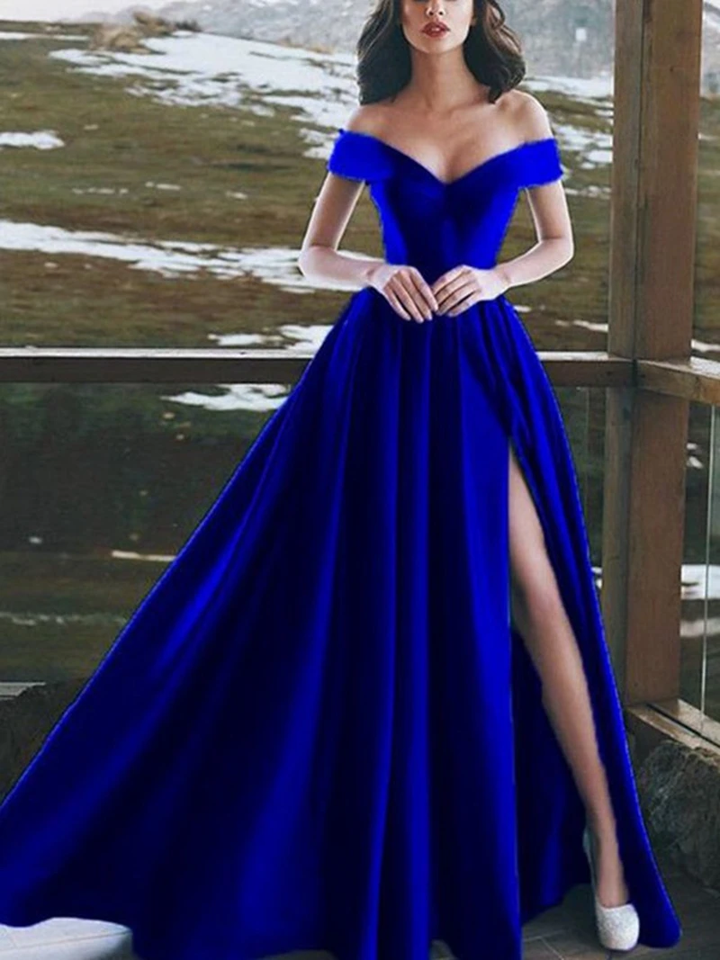Vestidos de Noche azules reales con cuello en V, Vestido largo de con hombros descubiertos, vestido de con abertura hasta el suelo - AliExpress