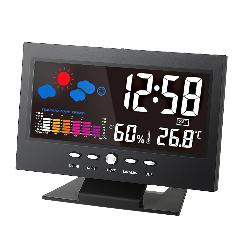 Многофункциональный Будильник с температурой и влажностью, цифровой термометр, гигрометр, цветной lcd календарь, Vioce-активированная подсветка