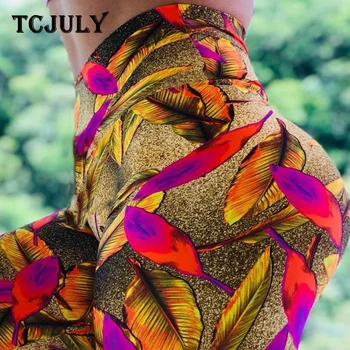 

TCJULY Golden Leaves Print Women's Summer Leggings High Waist Push Up Workout Pants Breathable Quick Dry Stretch Fitness Leggins