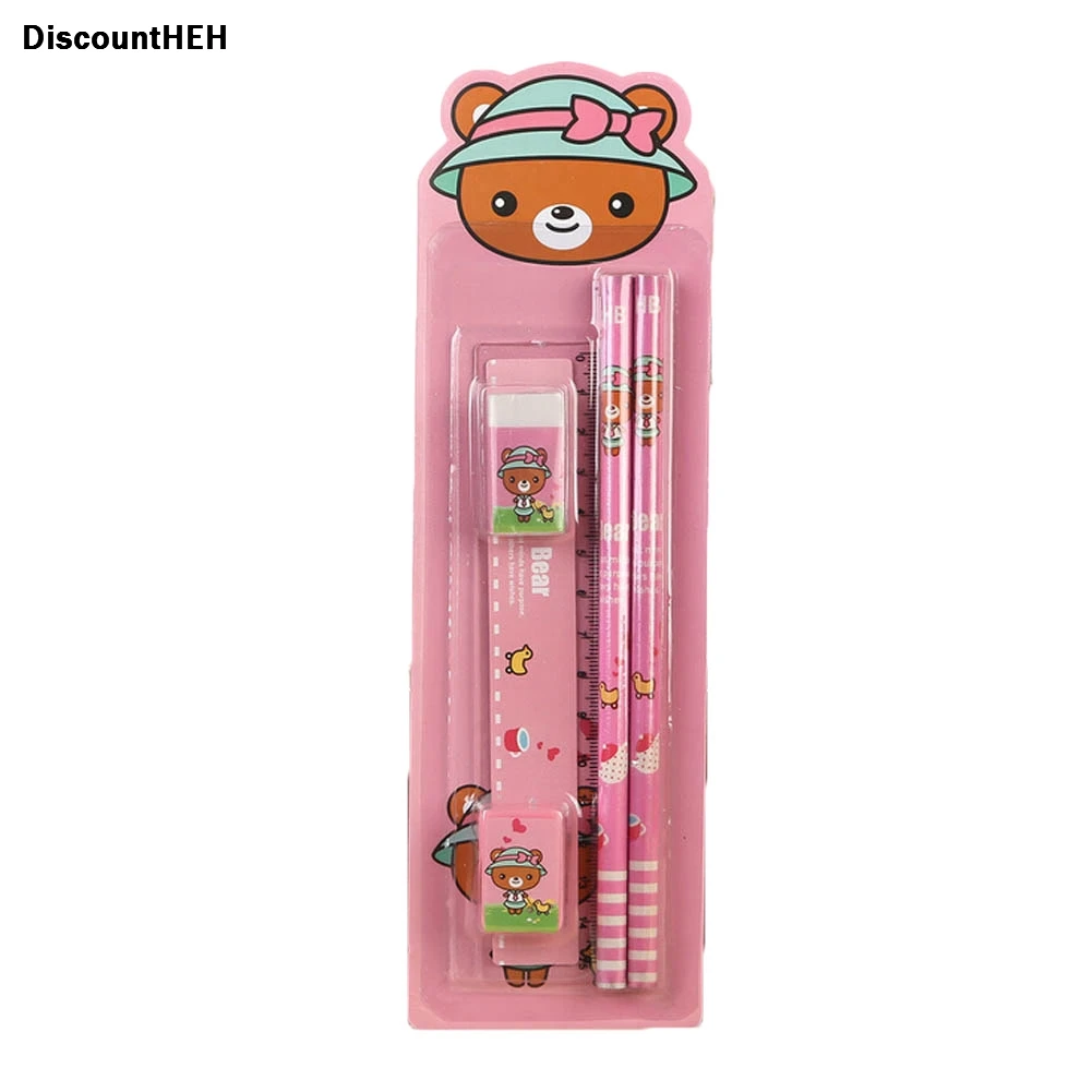 

5Pcs color Cartoon Stationery Set (sharpener Pencil ruler eraser) student special Children's Birthday Gift Prize School random