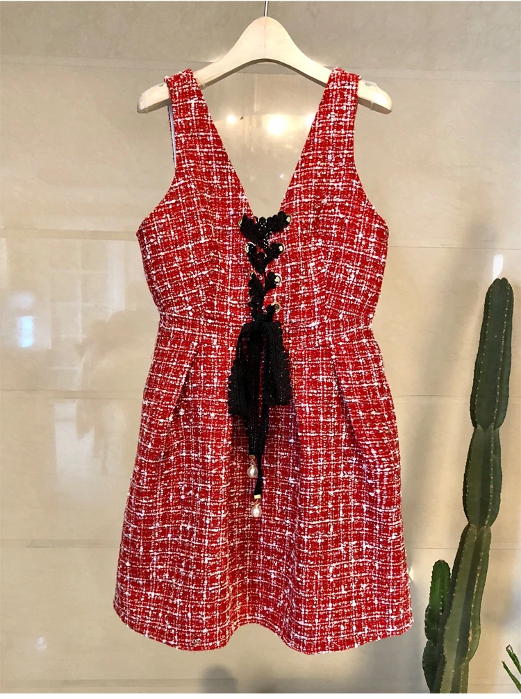 Маленькое ароматное Брендовое женское платье осеннее твидовое шерстяное платье с v-образным вырезом без рукавов с открытой спиной на шнуровке красное клетчатое платье-жилет платье-комбинезон