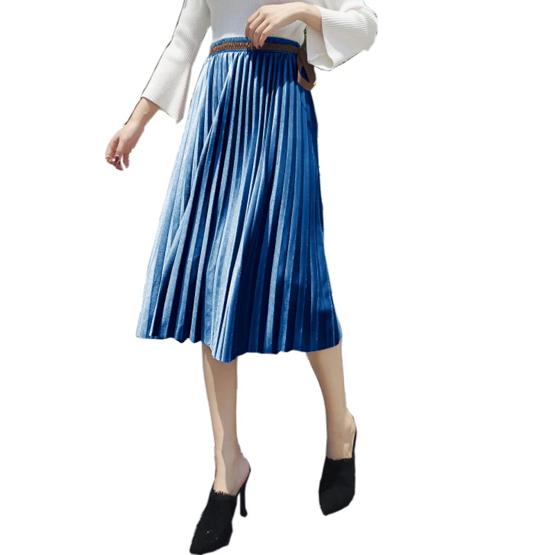 Pengpious плиссе бархат зима осень женская юбка высокая талия большой подол длиной до колена с поясом