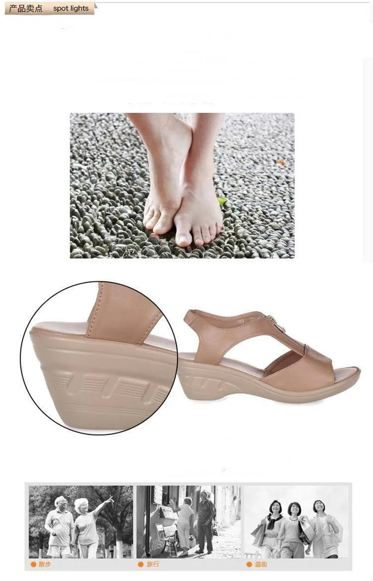Женские сандалии для пожилых женщин; обувь на платформе из натуральной коровьей кожи; летняя пляжная обувь с открытым носком; сандалии-гладиаторы на молнии