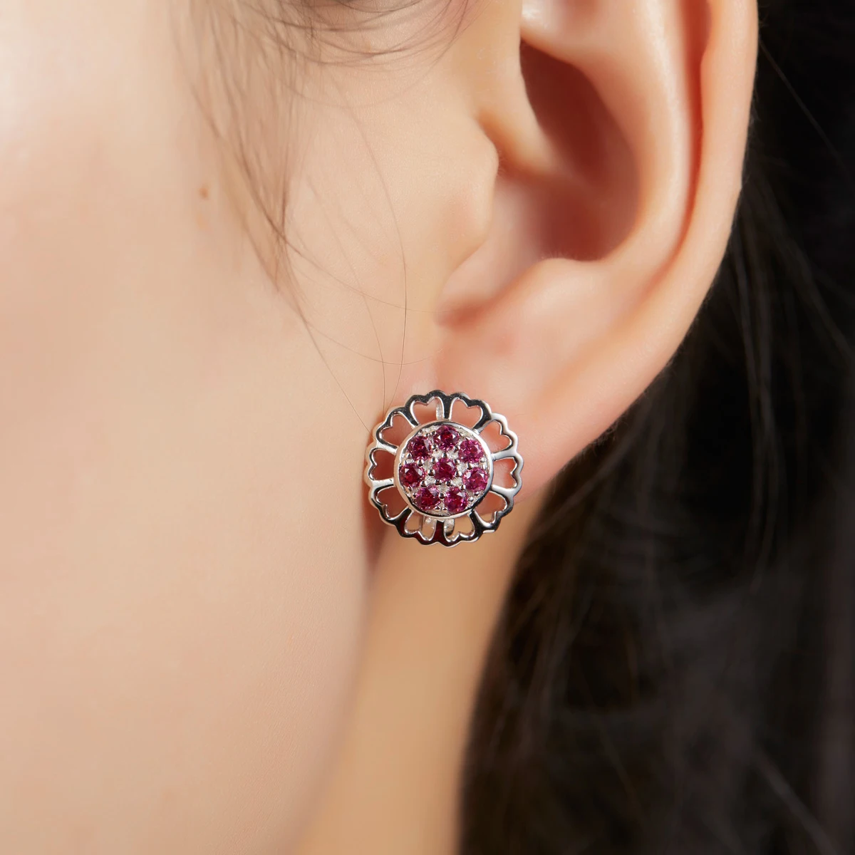 

Hutang Natural Rhodolite Garnet Stud Earrings Solid 925 Sterling Silver Gemstone Fine Jewerly Heart Flower Earrings Love Gift