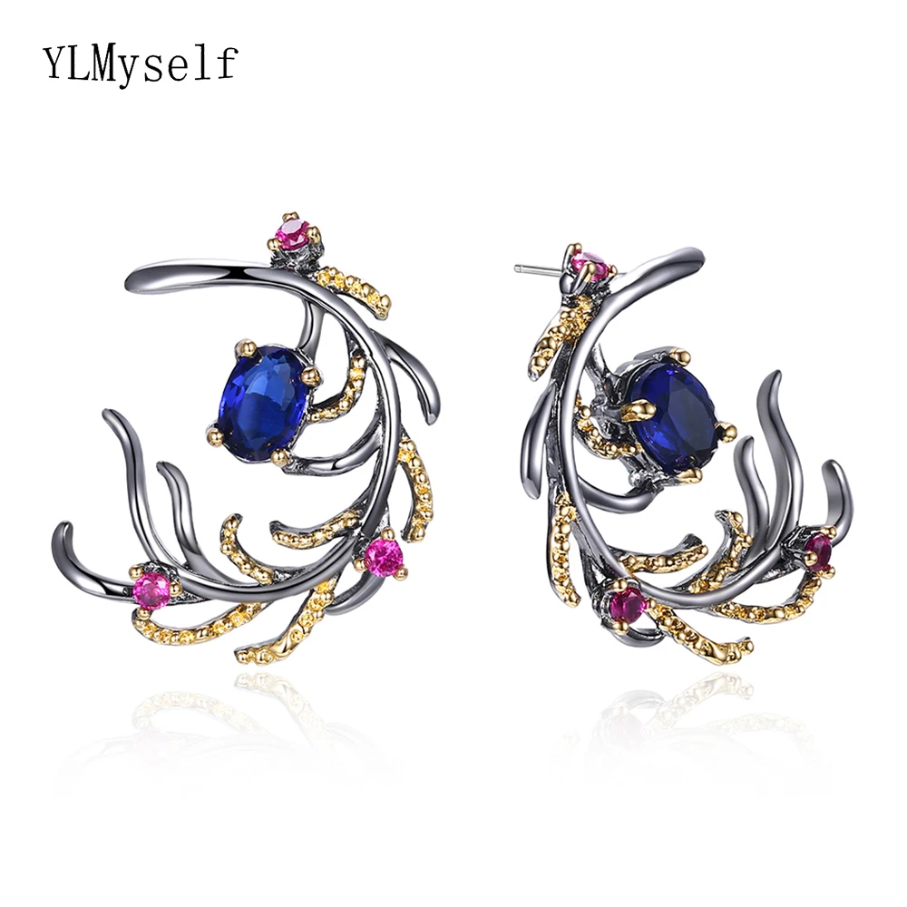 Charming Beautiful leaf earring Blue Rose color stones crystal CZ Black Gun Plated Jewelry & Accessories Bohemia big earrings