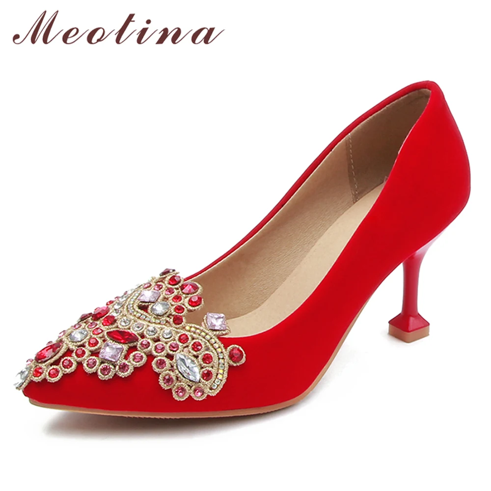 

Meotina Women Shoes High Heels Spring Rhinestone Thin High Heel Wedding Shoes Pointed Toe Pumps Ladies New Red Large Size 33-46